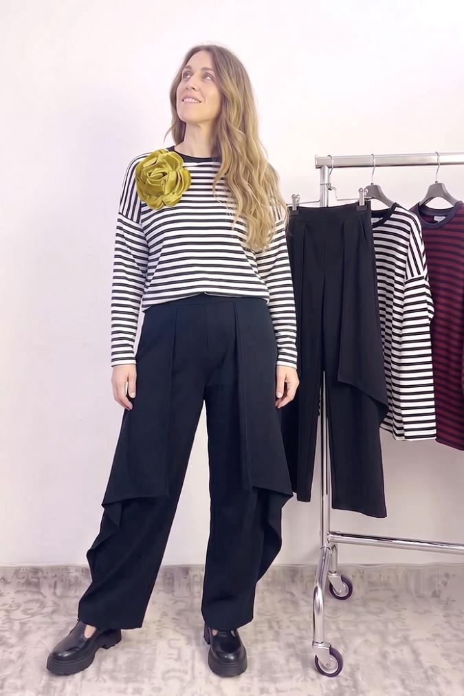 outfit con Maglia Guilde a righe bianche e nere e Pantalone Muguet nero