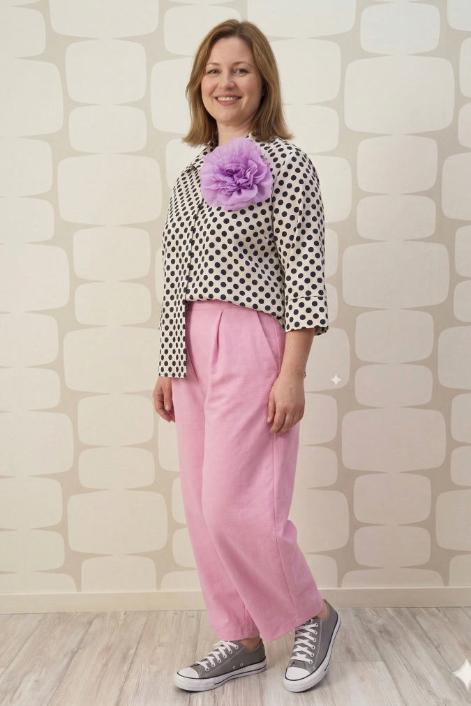 Outfit curvy con Blusa Henderson bianca a pois neri e Pantalone Hargrove rosa